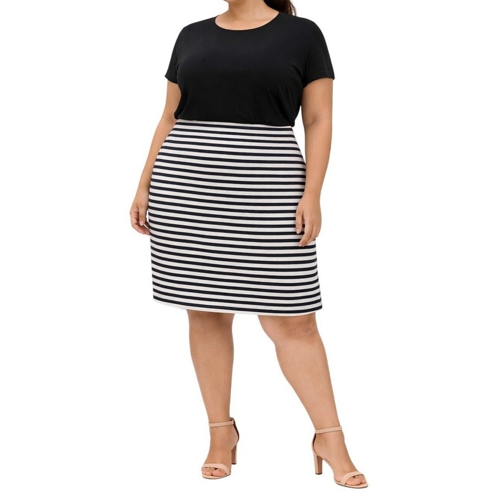 Talbots Women Navy Blue White Striped Pencil Skirt Size 14WP Petite Stretch Knit